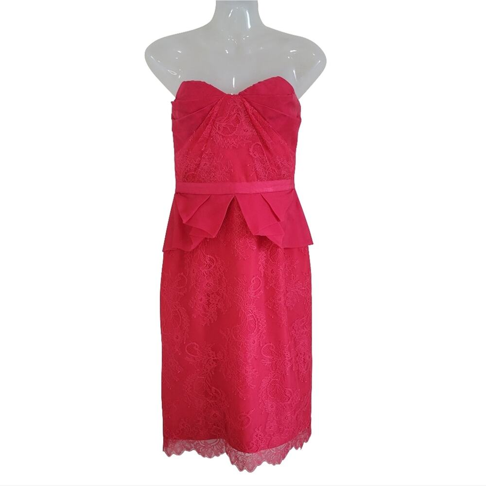 Marchesa Notte Red Lace and Organza Strapless Peplum Cocktail Dress Size 6
